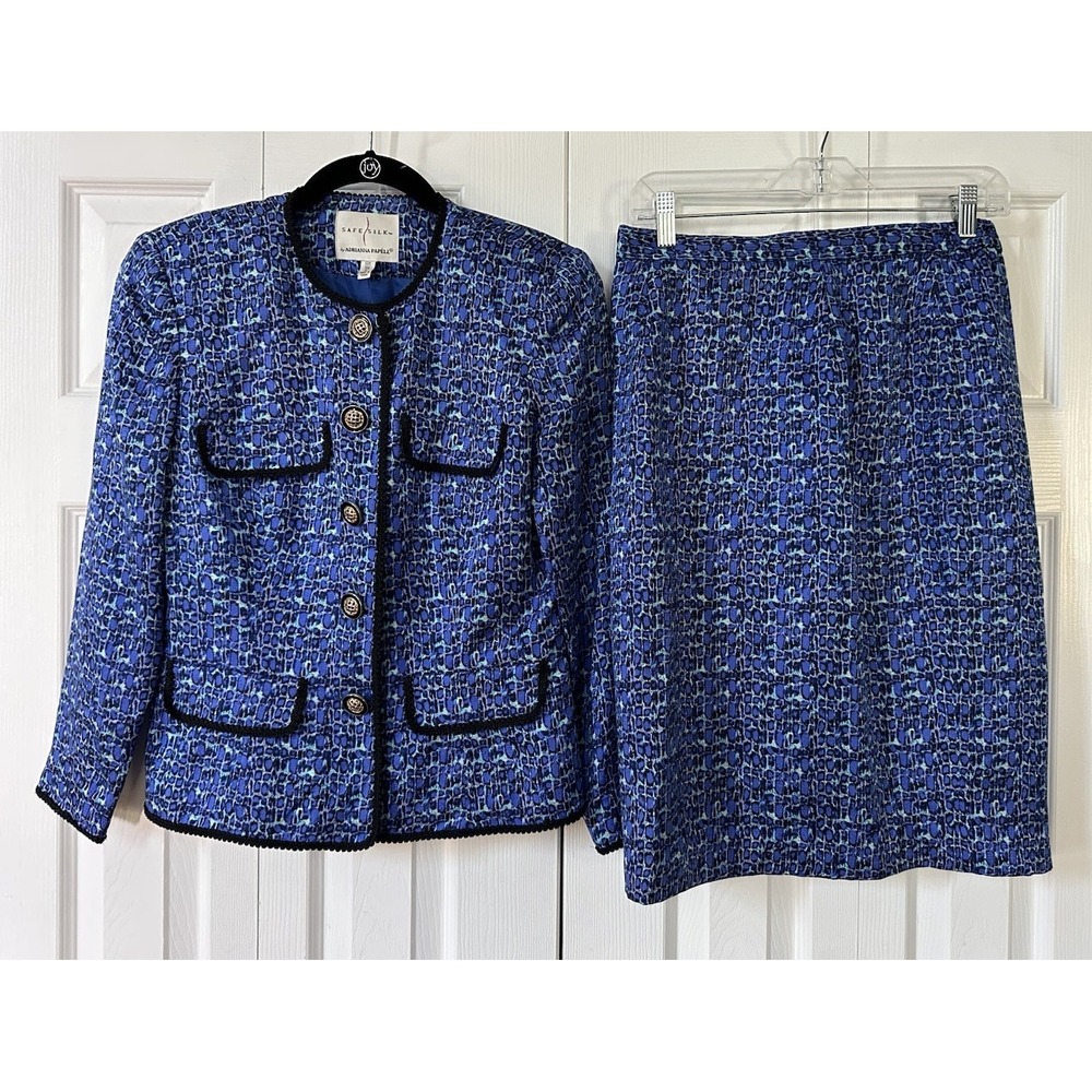 Vintage ADRIANNA PAPELL Safe Silk Skirt Suit Womens 6 Blue 100% Silk